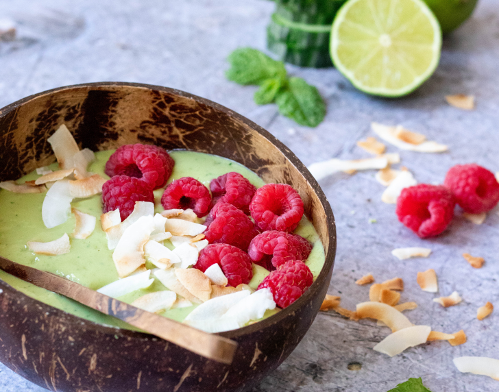 groene-smoothiebowl munt framboos