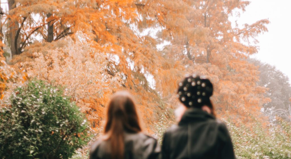 twee vrouwen lopen door park in de herfst